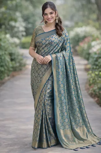 Rama silk blend banarasi saree with unstitched blouse piece