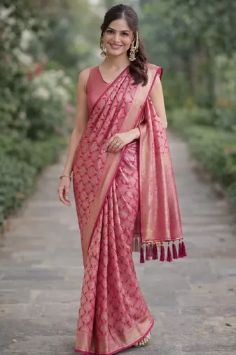 Pink silk blend banarasi saree with unstitched blouse piece