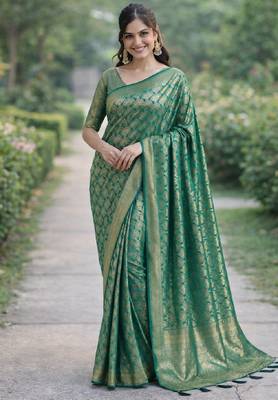 Teal green silk blend banarasi saree with unstitched blouse piece 3