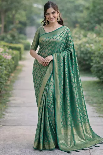 Teal green silk blend banarasi saree with unstitched blouse piece