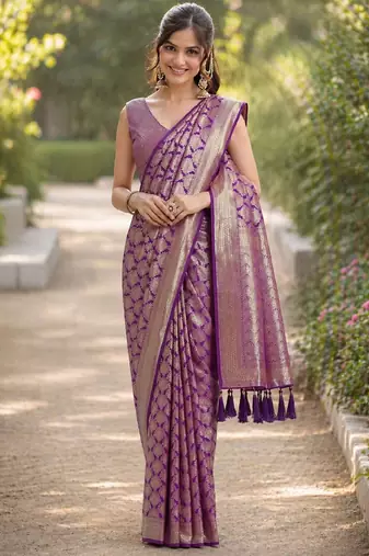 Wine silk blend banarasi saree with unstitched blouse piece
