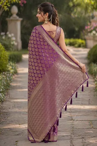 Wine silk blend banarasi saree with unstitched blouse piece