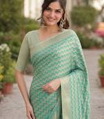 Rama silk blend banarasi saree with unstitched blouse piece
