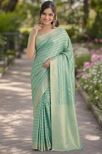 Rama silk blend banarasi saree with unstitched blouse piece
