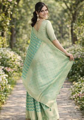 Rama silk blend banarasi saree with unstitched blouse piece 4