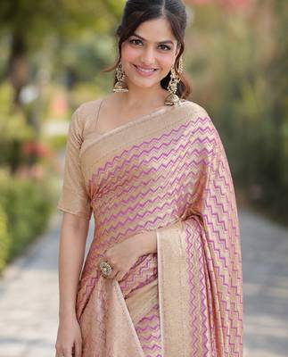 Lavender silk blend banarasi saree with unstitched blouse piece 1