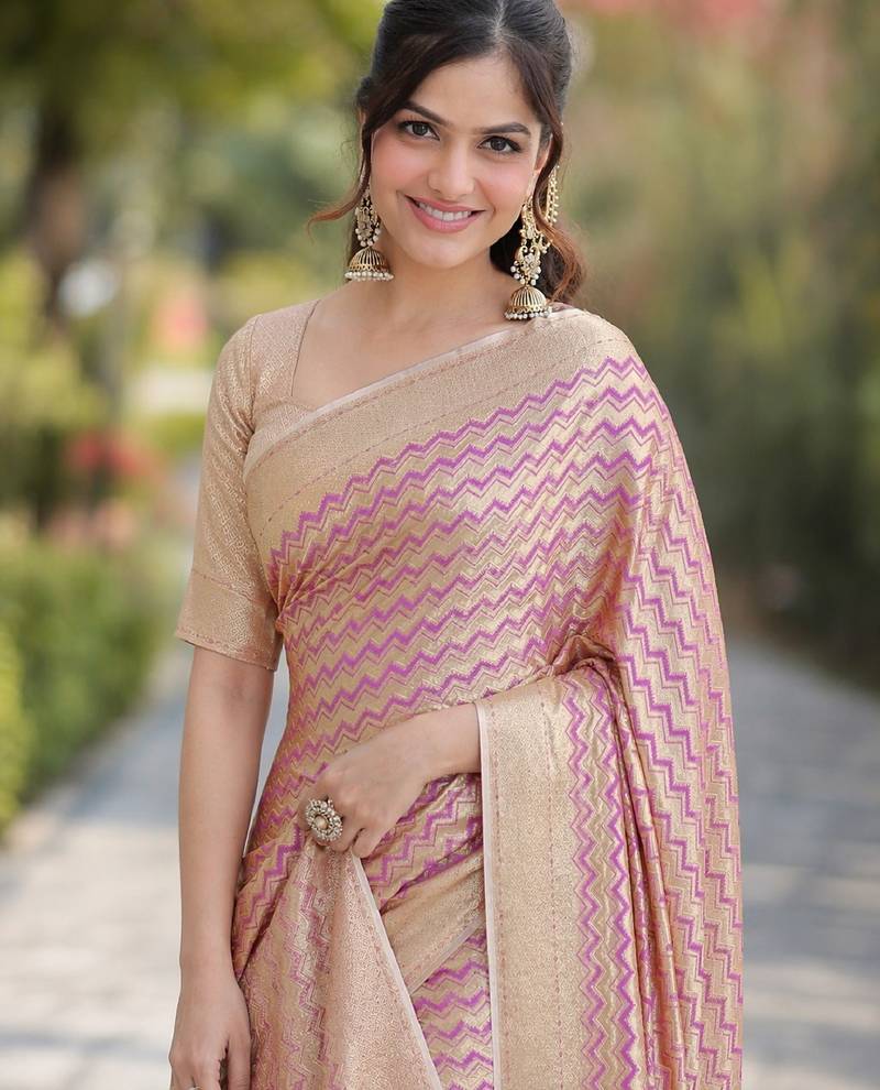 Lavender soft silk banarasi jacuard work designer party wear saree with unstitched blouse piece