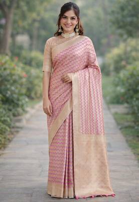 Lavender silk blend banarasi saree with unstitched blouse piece 3