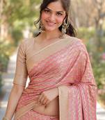 Pink silk blend banarasi saree with unstitched blouse piece