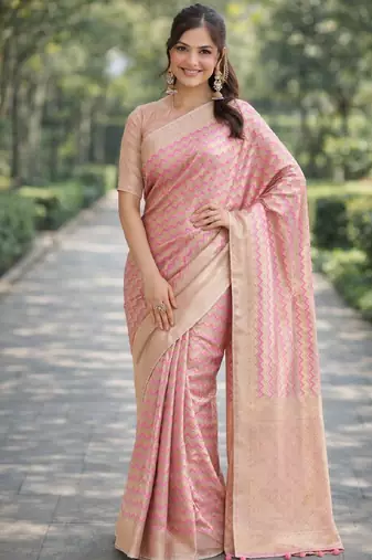 Pink silk blend banarasi saree with unstitched blouse piece