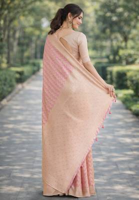 Pink silk blend banarasi saree with unstitched blouse piece 4