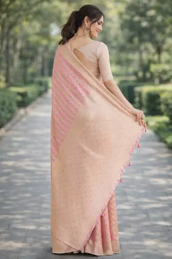 Pink silk blend banarasi saree with unstitched blouse piece
