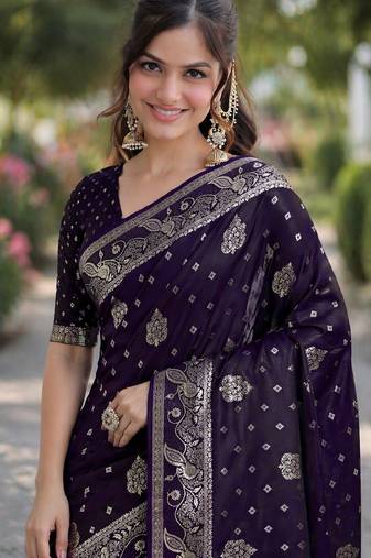 Plum soft silk banarasi jacuard work designer party wear saree with unstitched blouse piece