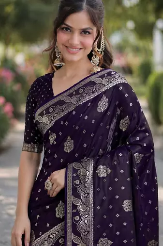 Plum soft silk banarasi jacuard work designer party wear saree with unstitched blouse piece