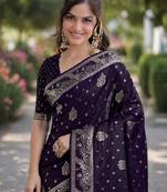 Plum silk blend banarasi saree with unstitched blouse piece
