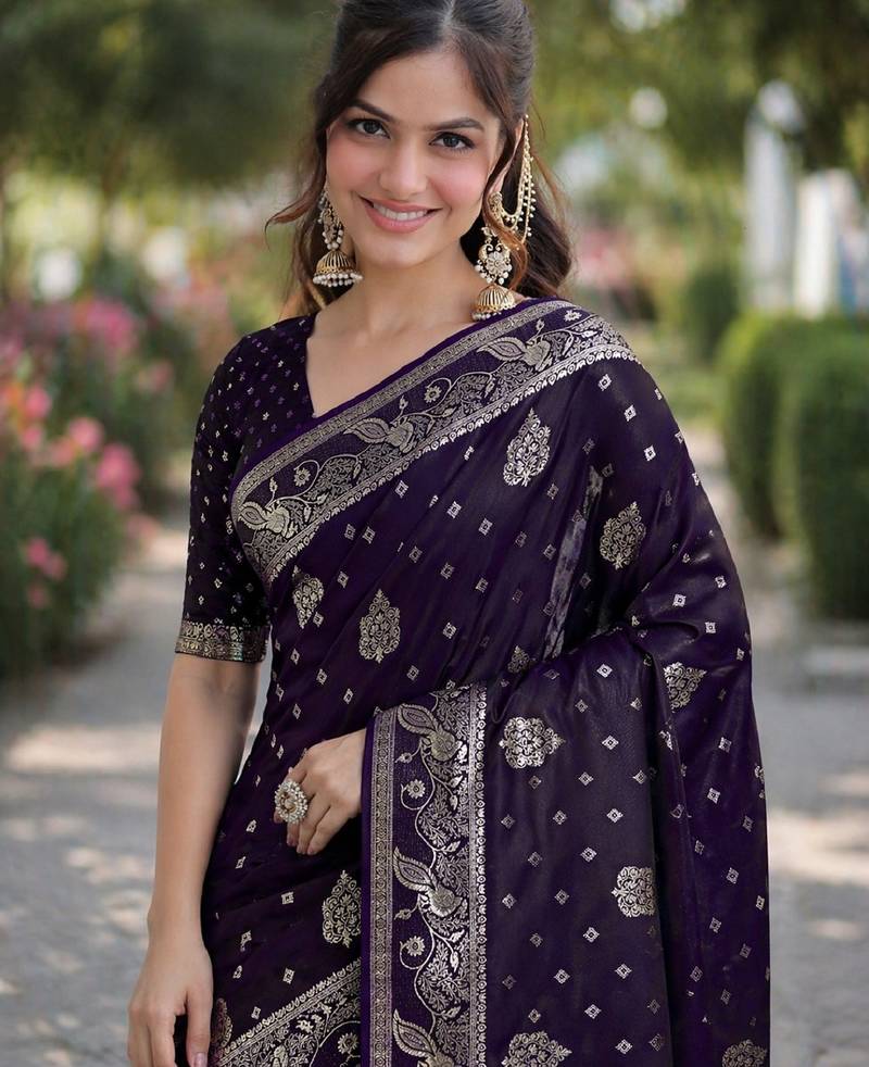 Plum soft silk banarasi jacuard work designer party wear saree with unstitched blouse piece