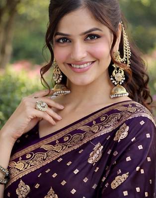 Plum silk blend banarasi saree with unstitched blouse piece 2