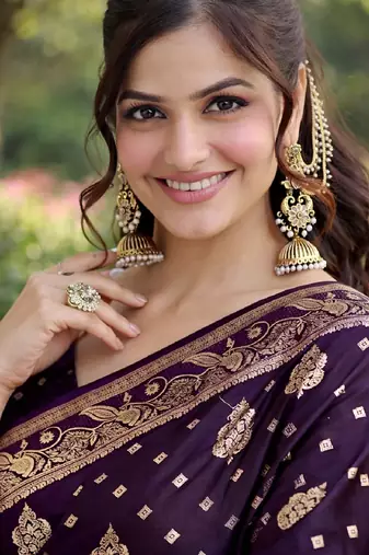 Plum silk blend banarasi saree with unstitched blouse piece
