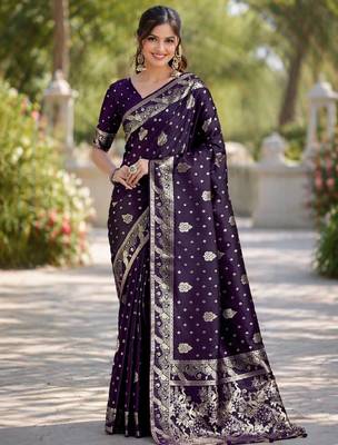 Plum silk blend banarasi saree with unstitched blouse piece 3