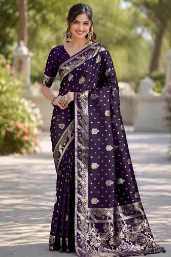 Plum silk blend banarasi saree with unstitched blouse piece