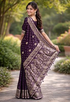 Plum silk blend banarasi saree with unstitched blouse piece 4