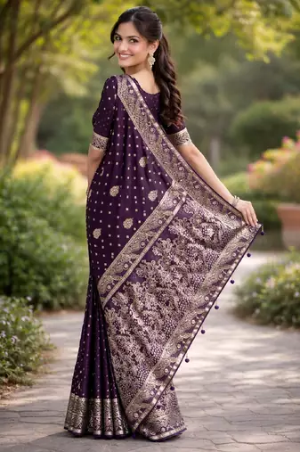 Plum silk blend banarasi saree with unstitched blouse piece