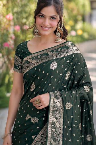 Green soft silk banarasi jacuard work designer party wear saree with unstitched blouse piece