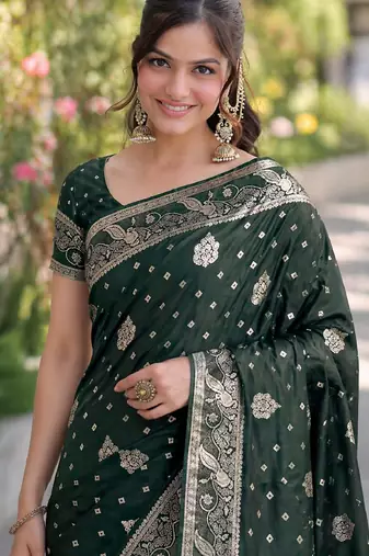 Green soft silk banarasi jacuard work designer party wear saree with unstitched blouse piece