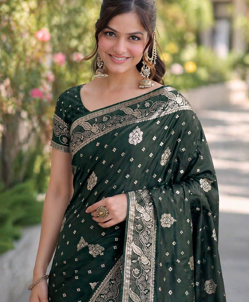 Green soft silk banarasi jacuard work designer party wear saree with unstitched blouse piece