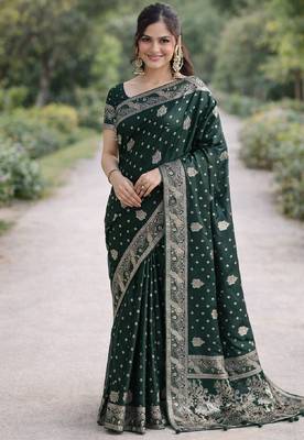 Green silk blend banarasi saree with unstitched blouse piece 3
