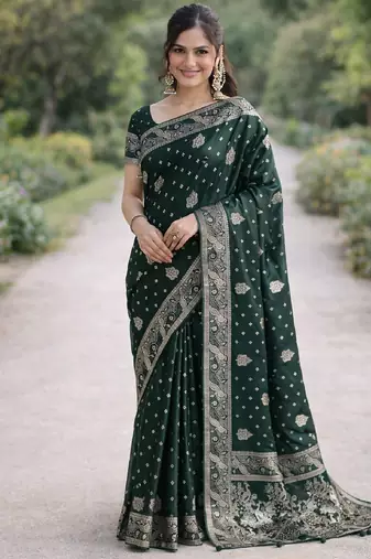 Green silk blend banarasi saree with unstitched blouse piece