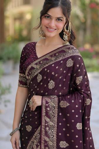 Wine soft silk banarasi jacuard work designer party wear saree with unstitched blouse piece