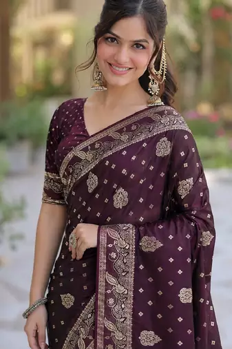 Wine soft silk banarasi jacuard work designer party wear saree with unstitched blouse piece
