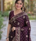 Wine silk blend banarasi saree with unstitched blouse piece