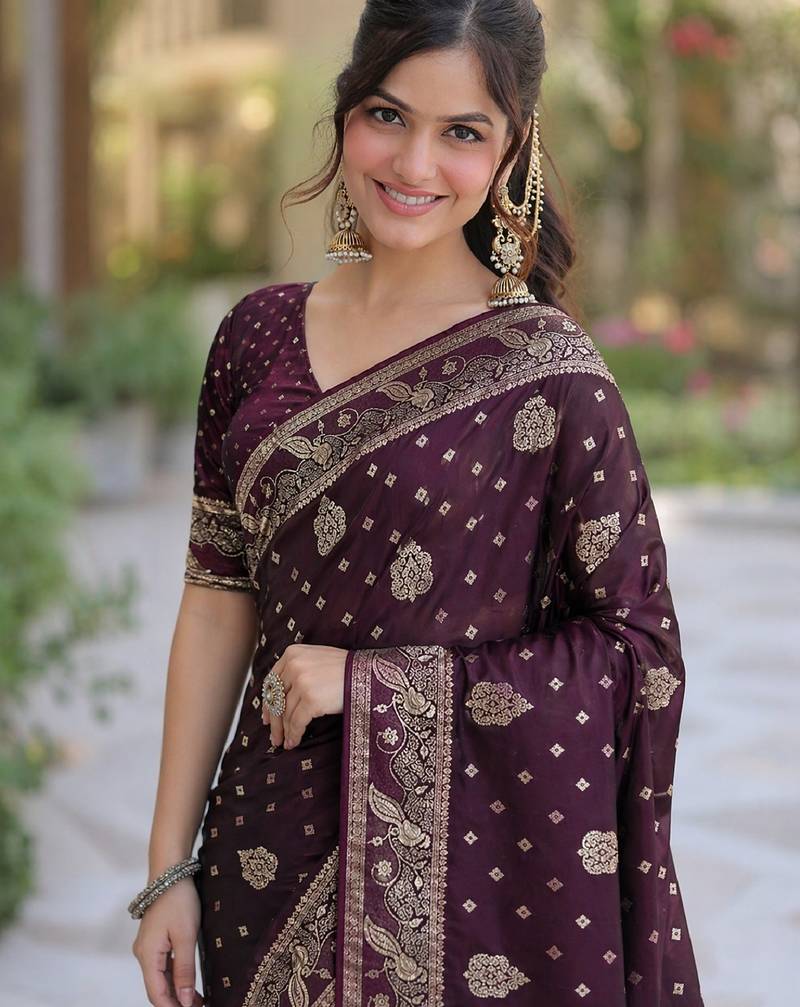 Wine soft silk banarasi jacuard work designer party wear saree with unstitched blouse piece