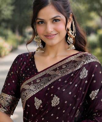 Wine silk blend banarasi saree with unstitched blouse piece 2