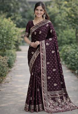Wine silk blend banarasi saree with unstitched blouse piece 3