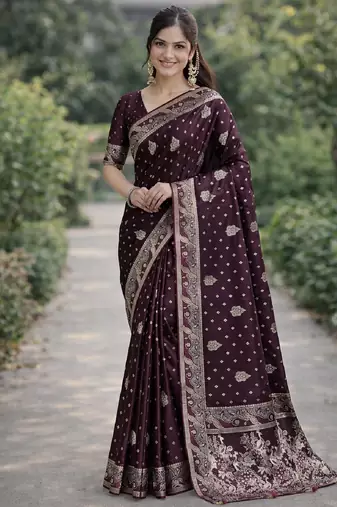 Wine silk blend banarasi saree with unstitched blouse piece