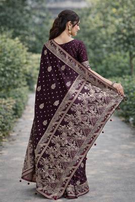 Wine silk blend banarasi saree with unstitched blouse piece 4