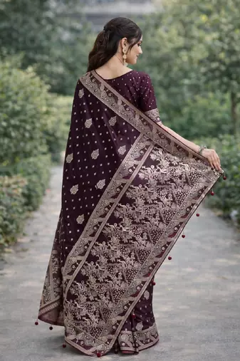 Wine silk blend banarasi saree with unstitched blouse piece