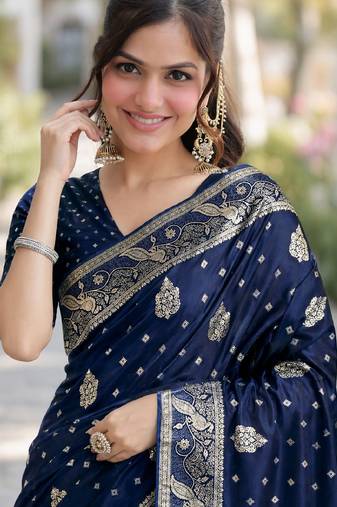 Blue soft silk banarasi jacuard work designer party wear saree with unstitched blouse piece