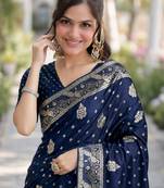 Blue silk blend banarasi saree with unstitched blouse piece