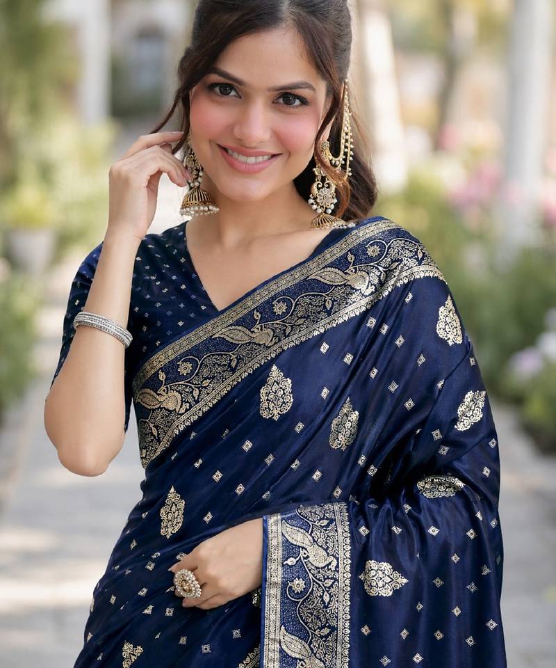 Blue soft silk banarasi jacuard work designer party wear saree with unstitched blouse piece
