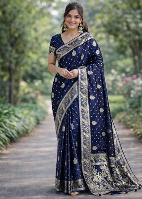 Blue silk blend banarasi saree with unstitched blouse piece 3