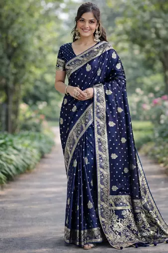 Blue silk blend banarasi saree with unstitched blouse piece