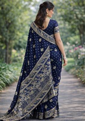 Blue silk blend banarasi saree with unstitched blouse piece 4