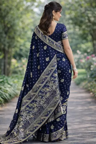 Blue silk blend banarasi saree with unstitched blouse piece