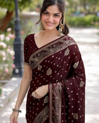 Maroon silk blend banarasi saree with unstitched blouse piece 1