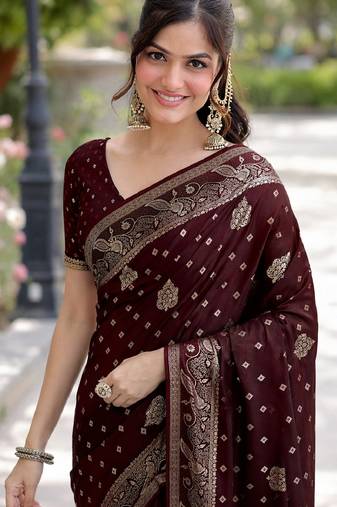 Maroon soft silk banarasi jacuard work designer party wear saree with unstitched blouse piece