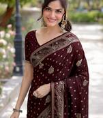 Maroon silk blend banarasi saree with unstitched blouse piece